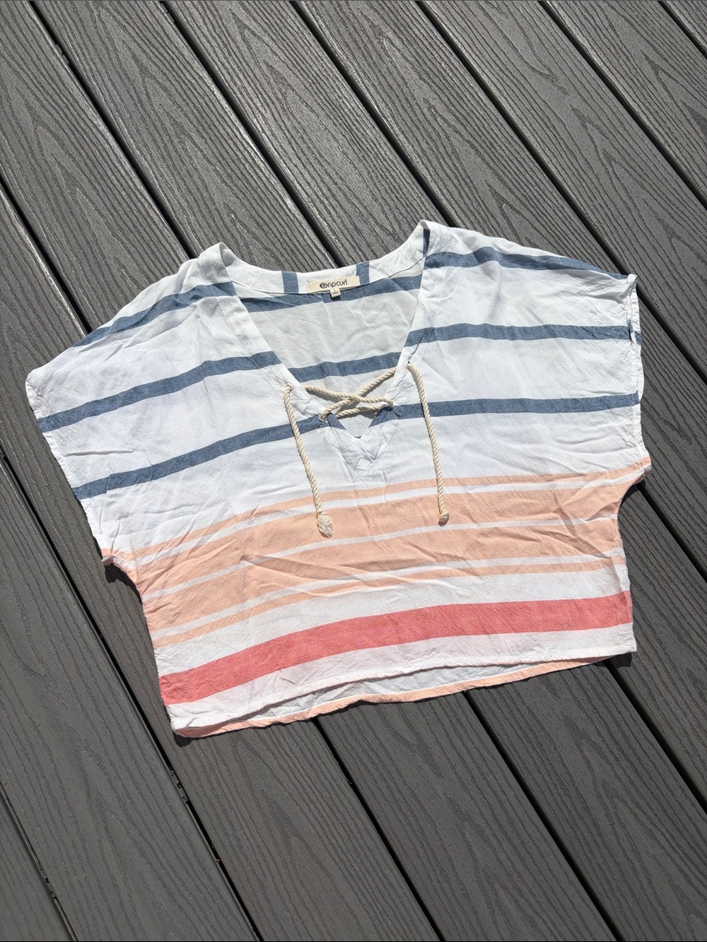 Ripcurl Striped Lace-Up Crop Top in White, Blue, Peach & Coral - Picture 1 of 5